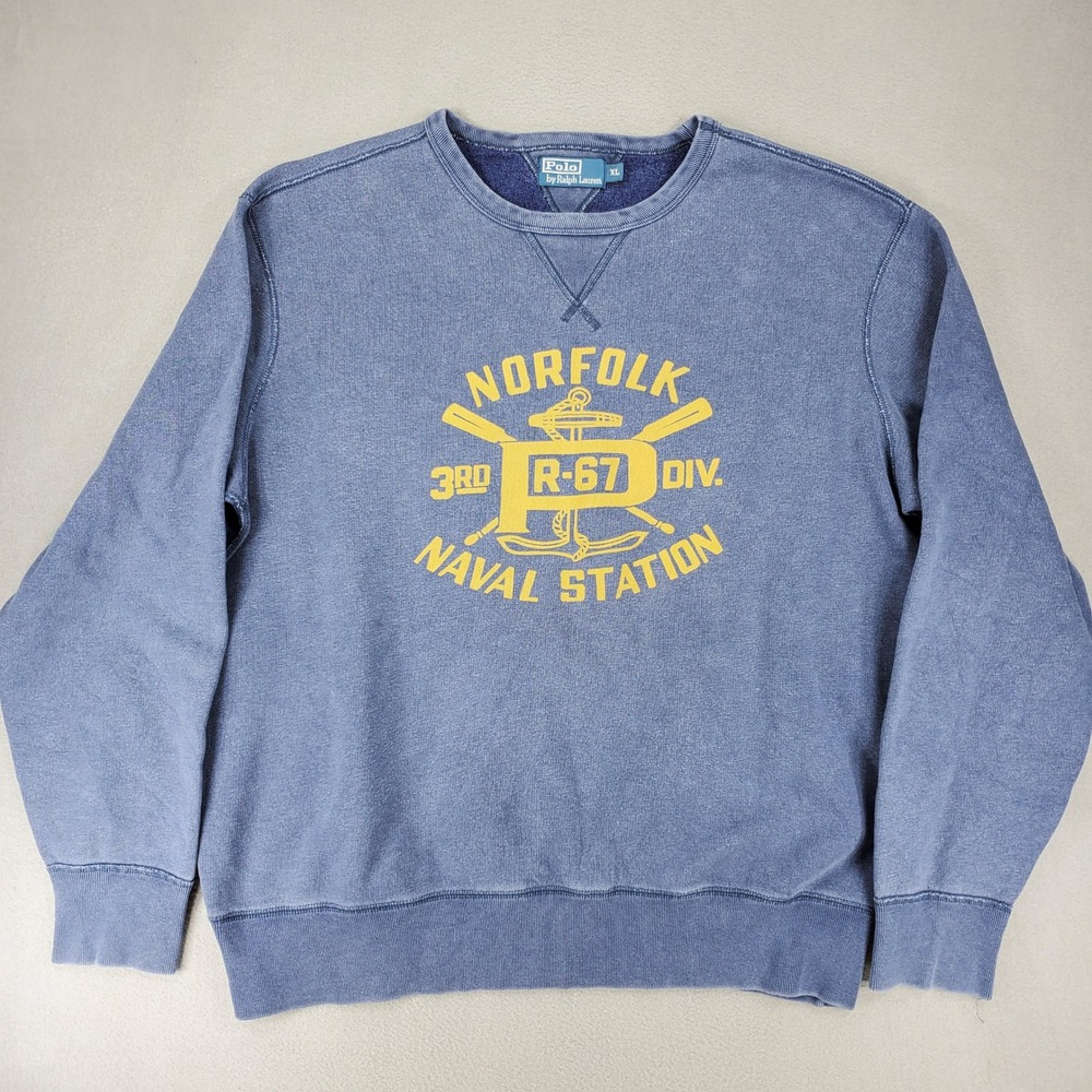 Polo Ralph Lauren Sweatshirt Mens XL Blue Norfolk Naval Station Pullover Vintage